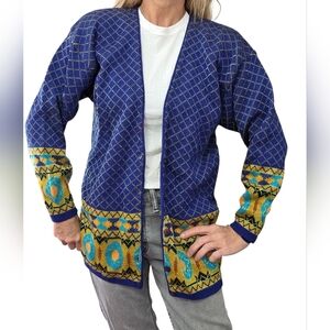 Vintage 90s Union Bay Blue Geometric Jacquard Cardigan Sweater M